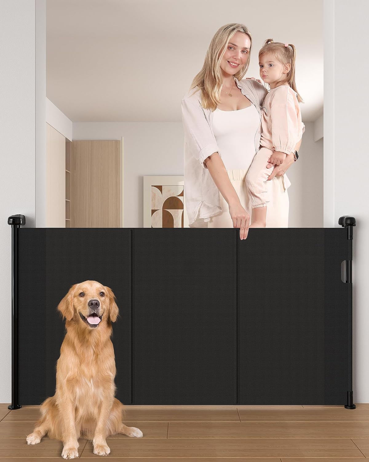 Likzest Retractable Baby Gate, Mesh Baby and Pet Gate 33" Tall, Extends up to 55" Wide, Child Safety Baby Gates for Stairs Doorways Hallways, Dog Gate Cat Gate for Indoor and Outdoor (Black)