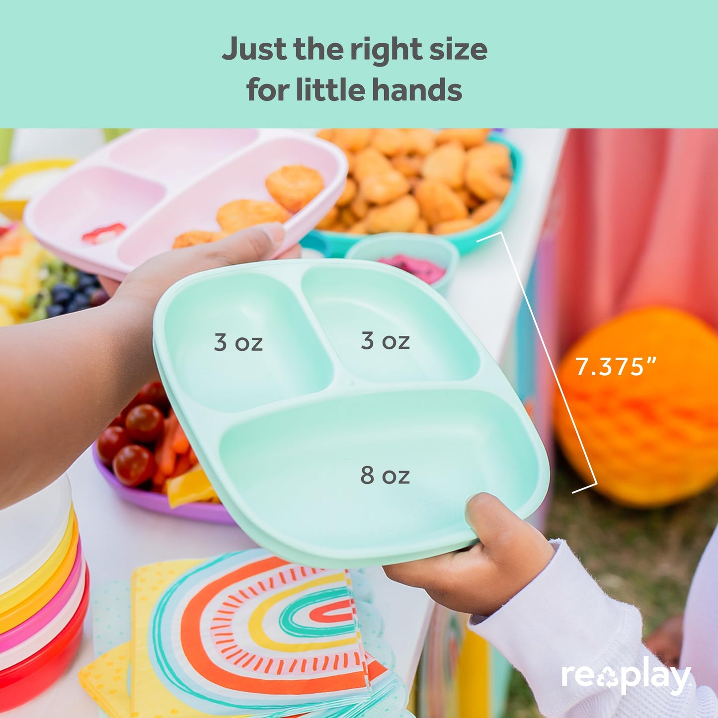 Re-Play Made in USA 7" Deep Walled Divided Plates for Kids, Set of 3 Without Lid - Reusable 3 Compartment Plates, Dishwasher and Microwave Safe - 7.37" x 7.37" x 1.25", Modern Aqua