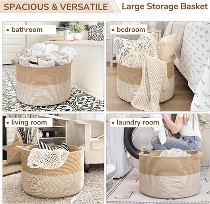 INDRESSME XXXLarge Cotton Rope Basket 21.7" x 21.7" x 13.8" Woven Baby Laundry Blanket Basket Toy Basket with Handle Storage Comforter Cushions Thread Laundry Hamper White & Brown