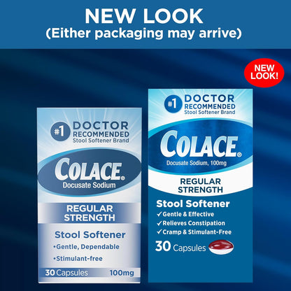 Colace Regular Strength Stool Softener 100 mg Capsules 60 Count Docusate Sodium Stool Softener for Gentle Dependable Relief