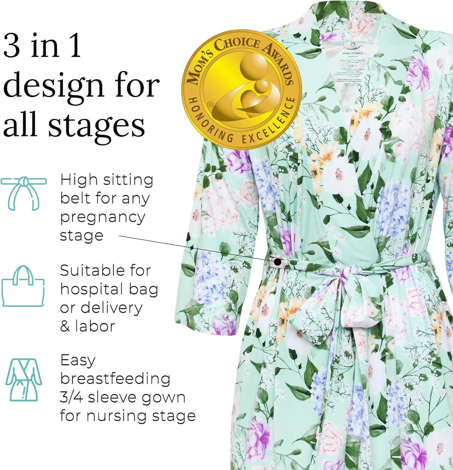 Posh Peanut Robe for Maternity, Nursing, Hospital Labor & Delivery Gown, Soft Bamboo, Women's Robes for New Pregnancy Mom