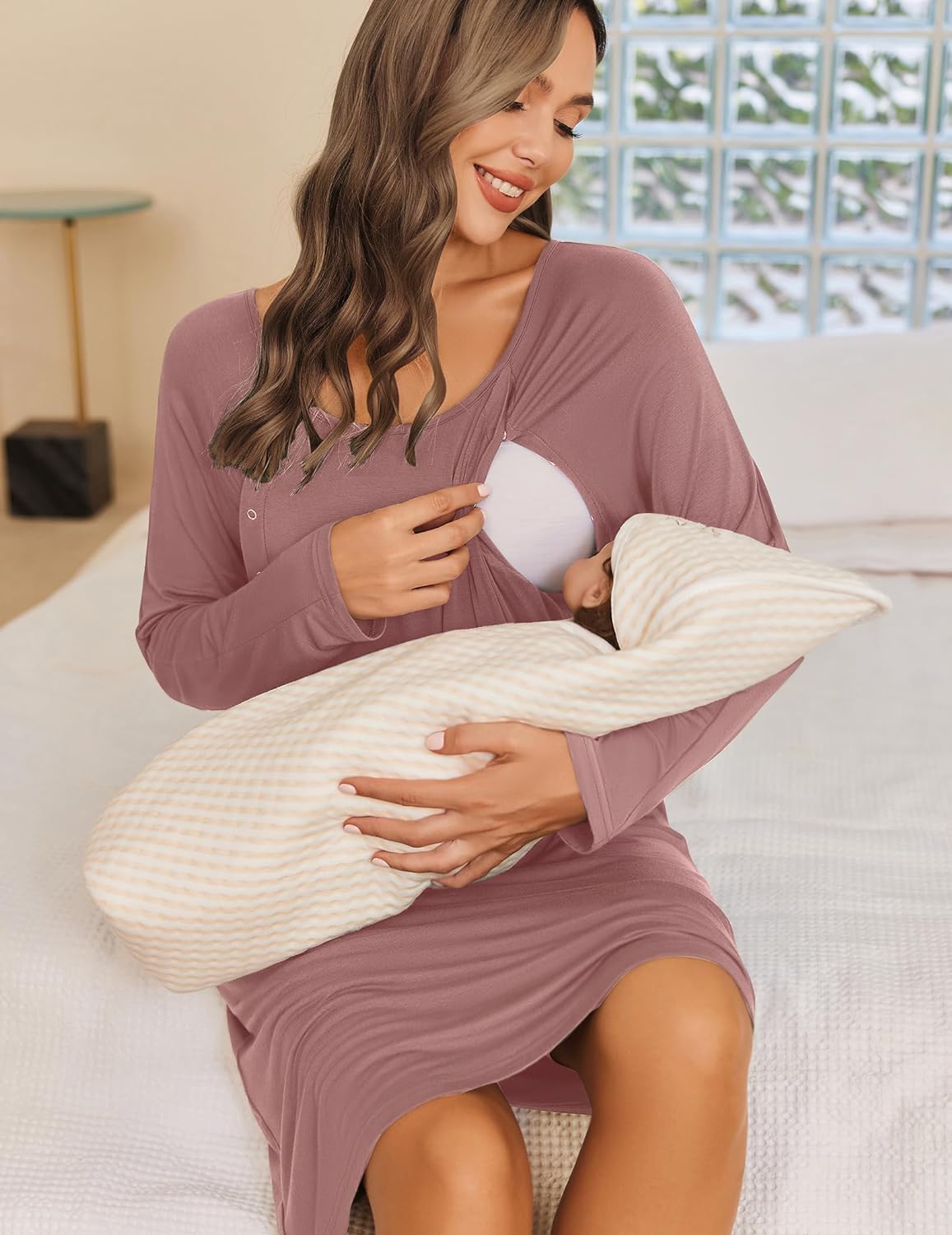 Ekouaer Women’s Nursing/Delivery/Labor Nightgown Long Sleeve Maternity Sleepshirt for Breastfeeding with Button