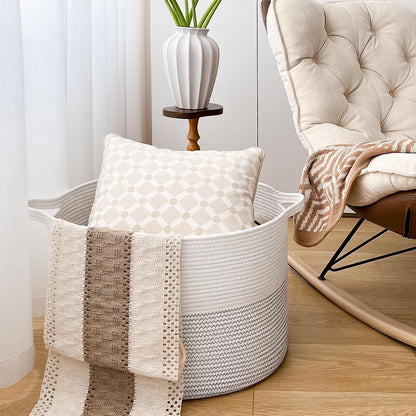 INDRESSME XXXLarge Cotton Rope Basket 21.7" x 21.7" x 13.8" Woven Baby Laundry Blanket Basket Toy Basket with Handle Storage Comforter Cushions Thread Laundry Hamper White & Brown