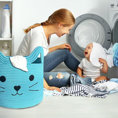 VK VK·LIVING Animal Baskets Large Woven Cotton Rope Storage Basket with Cute Cat Design Animal Laundry Basket Organizer for Towels, Blanket, Toys, Clothes, Gifts – Pet or Baby Gift Baskets 15"Lx14H"