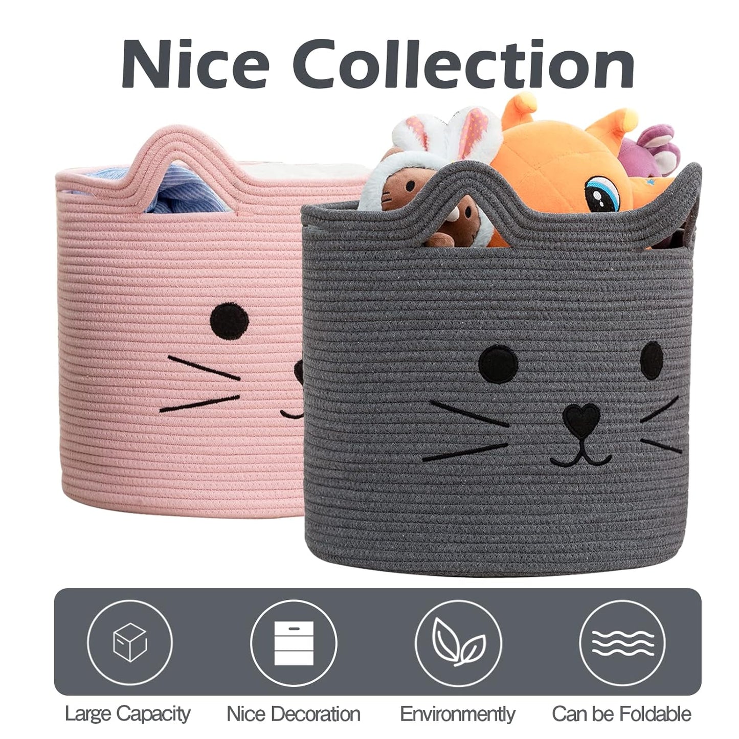 VK VK·LIVING Animal Baskets Large Woven Cotton Rope Storage Basket with Cute Cat Design Animal Laundry Basket Organizer for Towels, Blanket, Toys, Clothes, Gifts – Pet or Baby Gift Baskets 15"Lx14H"