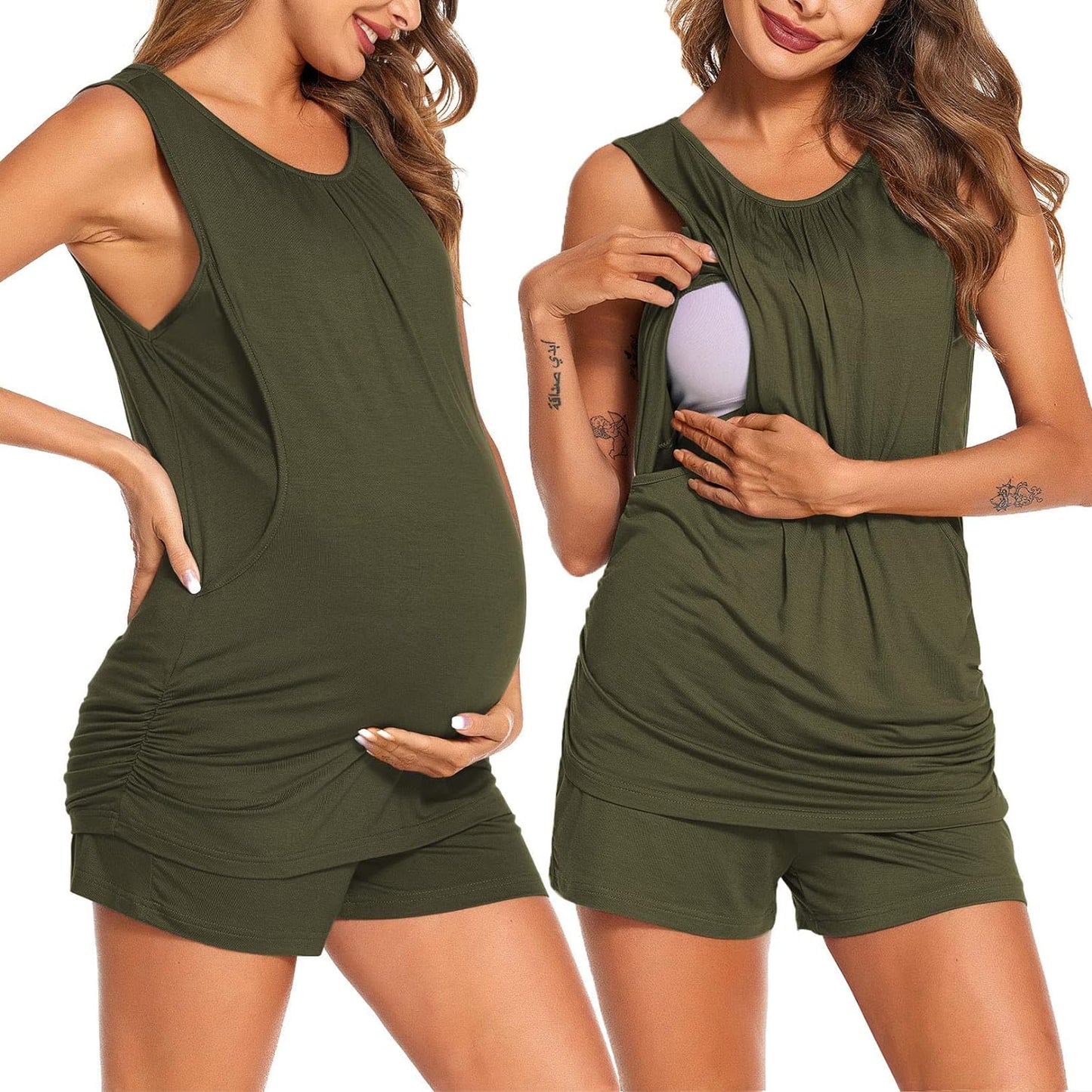 Ekouaer Women Maternity Nursing Pajama Set Breastfeeding Double Layer Pregnancy Pjs Set Sleeveless Top & Shorts with Pockets