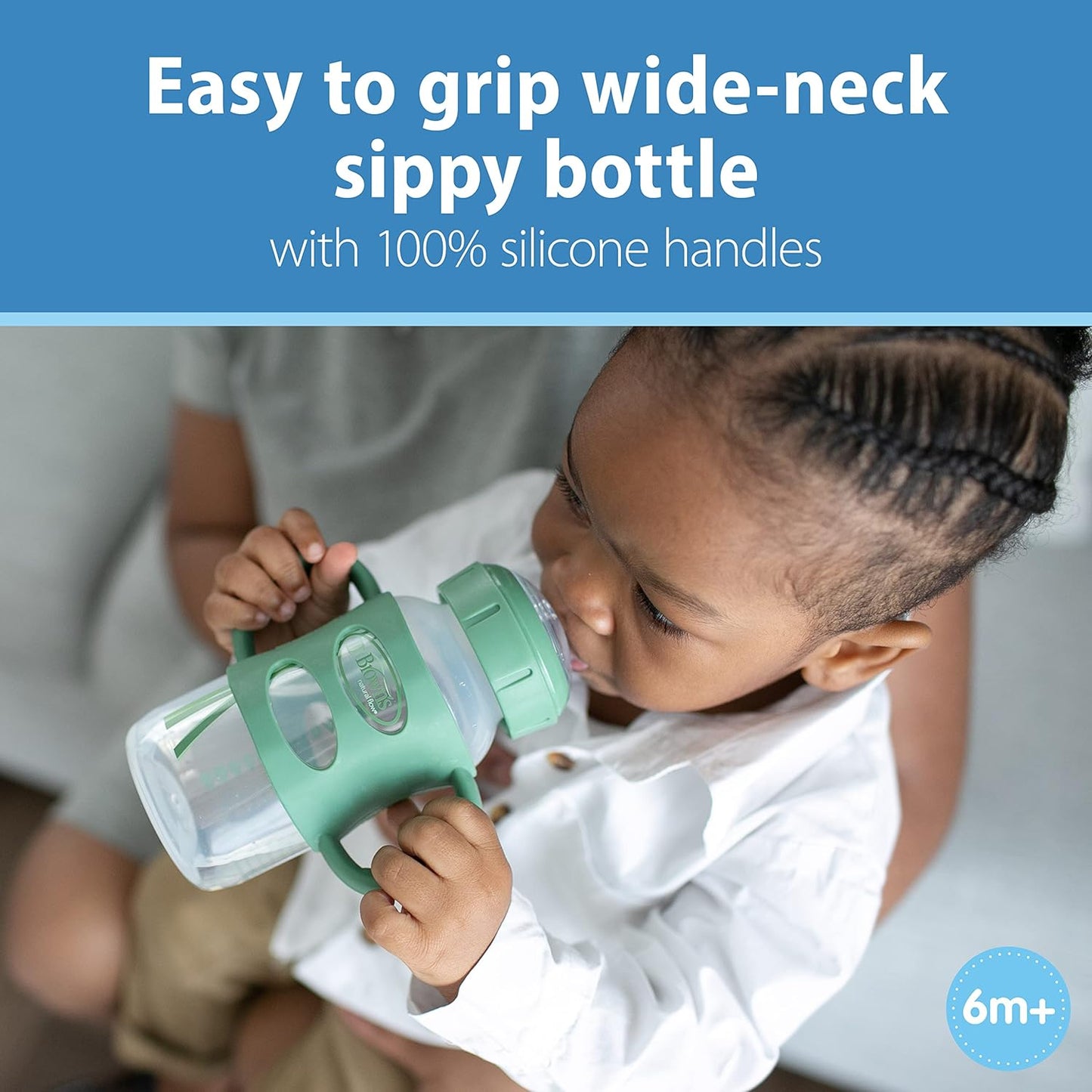 Dr. Brown's Milestones Wide-Neck Sippy Spout Bottle with 100% Silicone Handles, Easy-Grip Handles with Soft Sippy Spout, 9oz/270mL, Green & Gray, 2-Pack, 6m+