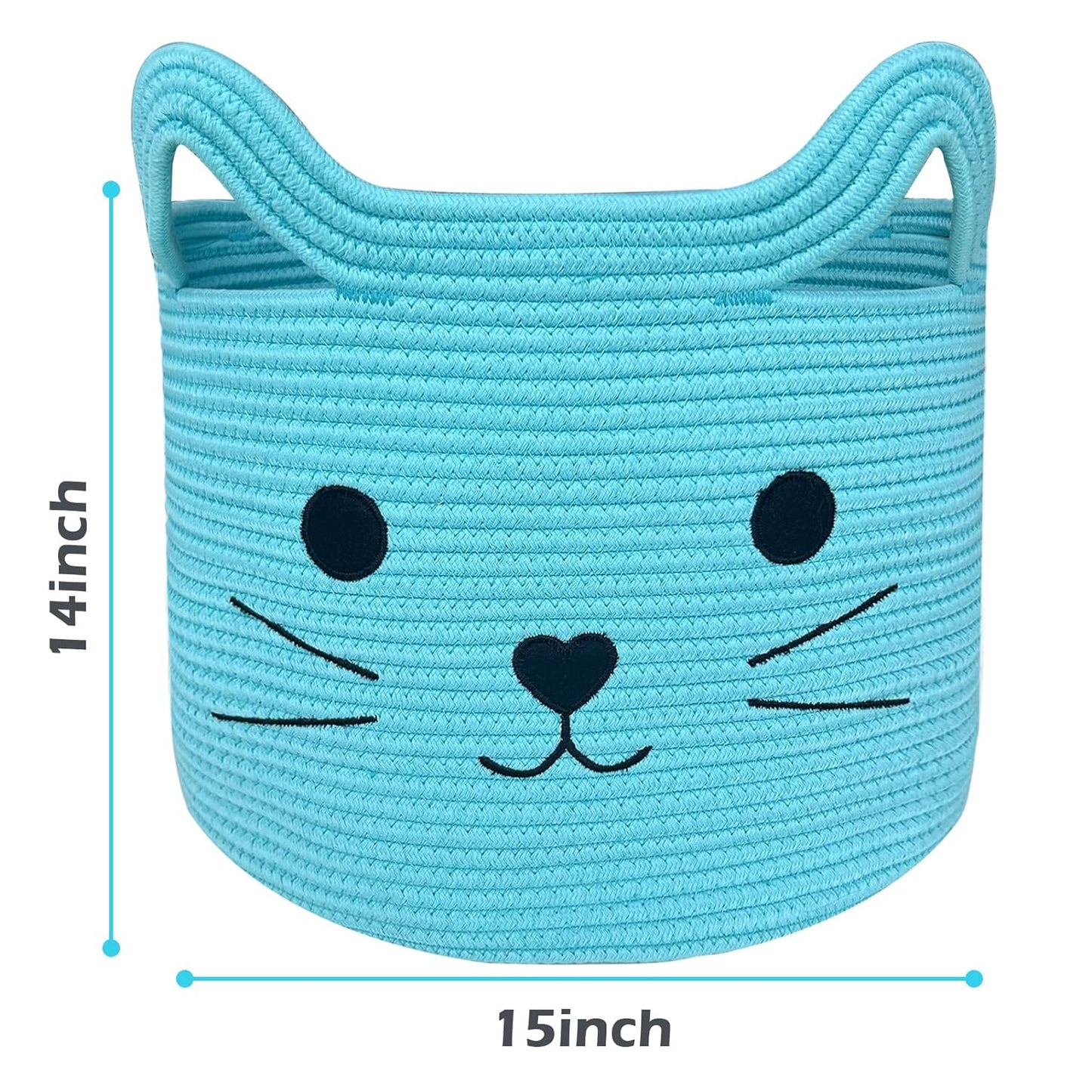 VK VK·LIVING Animal Baskets Large Woven Cotton Rope Storage Basket with Cute Cat Design Animal Laundry Basket Organizer for Towels, Blanket, Toys, Clothes, Gifts – Pet or Baby Gift Baskets 15"Lx14H"