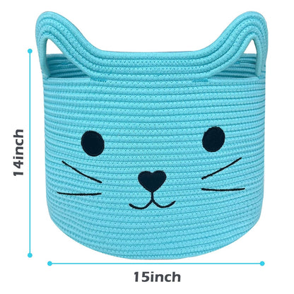 VK VK·LIVING Animal Baskets Large Woven Cotton Rope Storage Basket with Cute Cat Design Animal Laundry Basket Organizer for Towels, Blanket, Toys, Clothes, Gifts – Pet or Baby Gift Baskets 15"Lx14H"