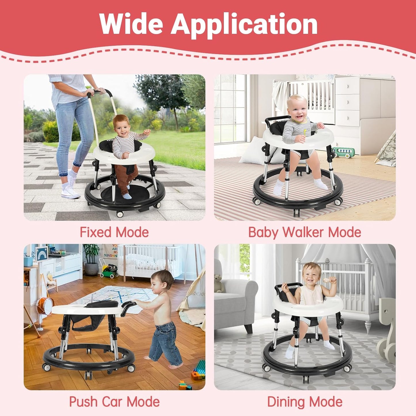 Wismind Baby Walker Foldable with 9 Adjustable Heights, Baby Walkers and Activity Center for Boys Girls Babies 6-12 Months, Baby Walker and Bouncer Combo with Wheels Portable Anti-Rollover