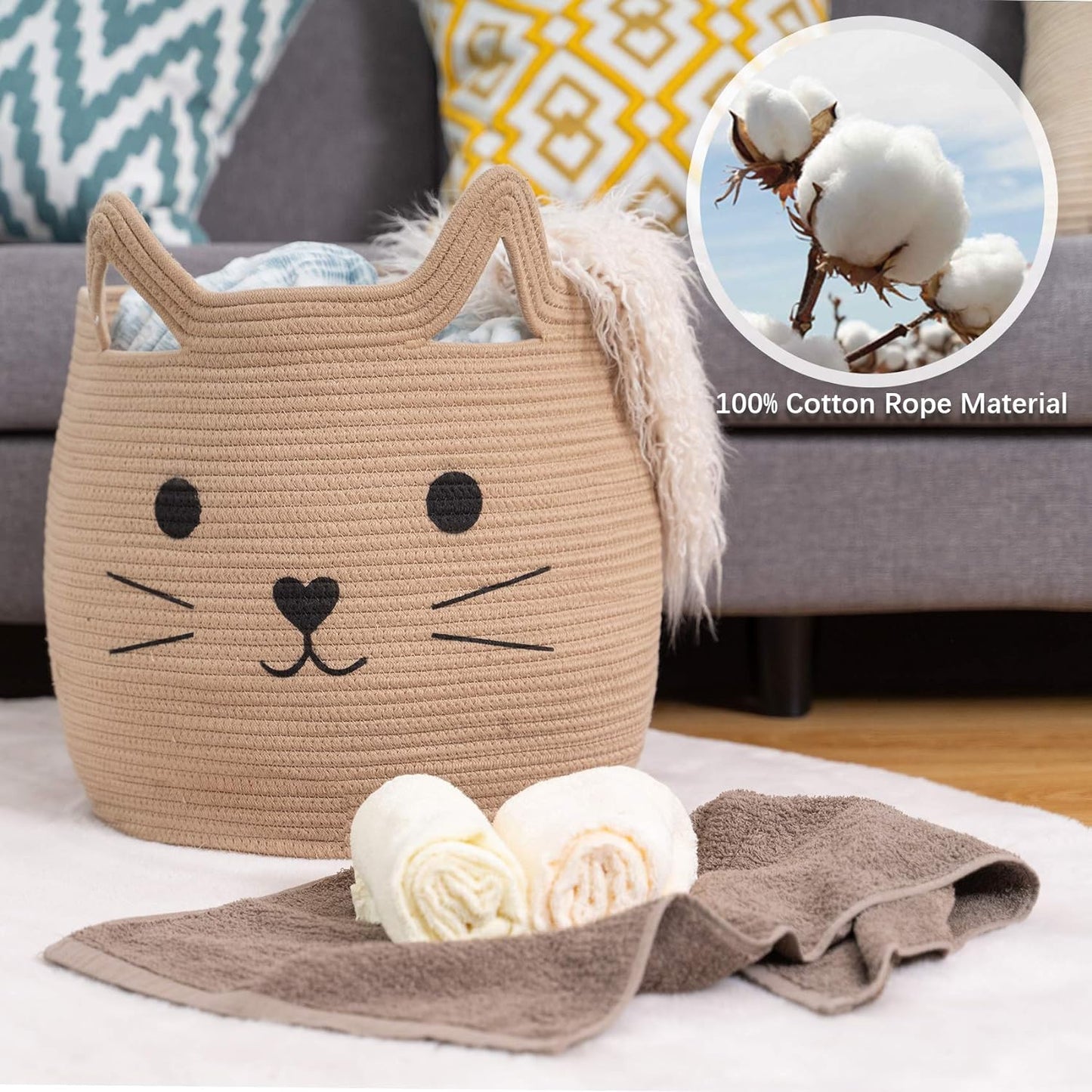 VK VK·LIVING Animal Baskets Large Woven Cotton Rope Storage Basket with Cute Cat Design Animal Laundry Basket Organizer for Towels, Blanket, Toys, Clothes, Gifts – Pet or Baby Gift Baskets 15"Lx14H"