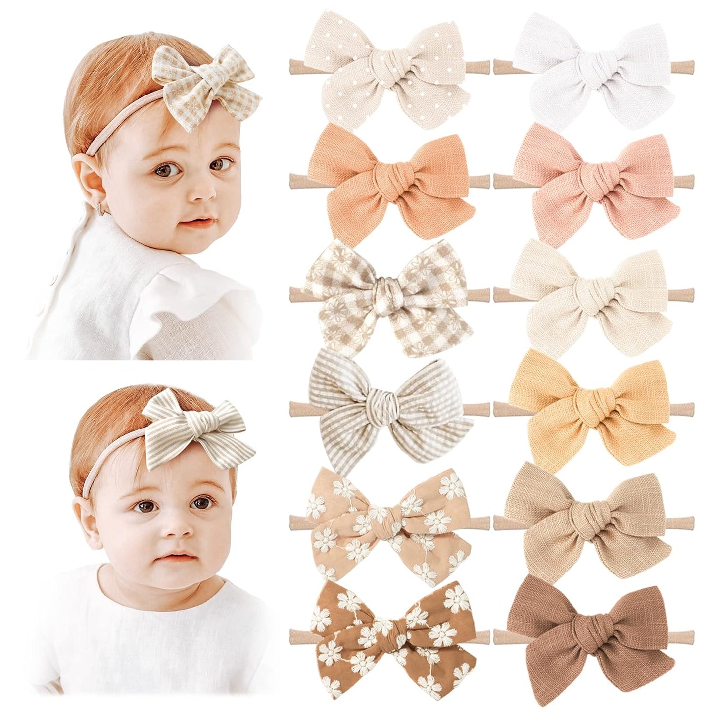 Niceye Baby Girl Bows and Headbands, 12 Packs of Stretchy Nylon Hairbands Hair Bows for Newborns, Infants, Toddlers - Handmade Baby Hair Accessories for Girls