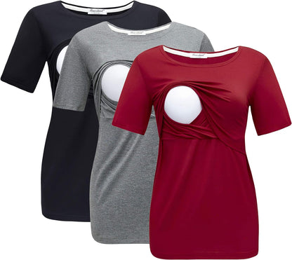 Bearsland Women's 3 Packs Maternity Nursing Tops Short Sleeve Breastfeeding Shirts