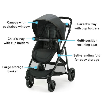 Graco Modes Pramette Stroller, Baby Stroller with True Pram Mode, Reversible Seat, One Hand Fold, Extra Storage, Child Tray, Redmond