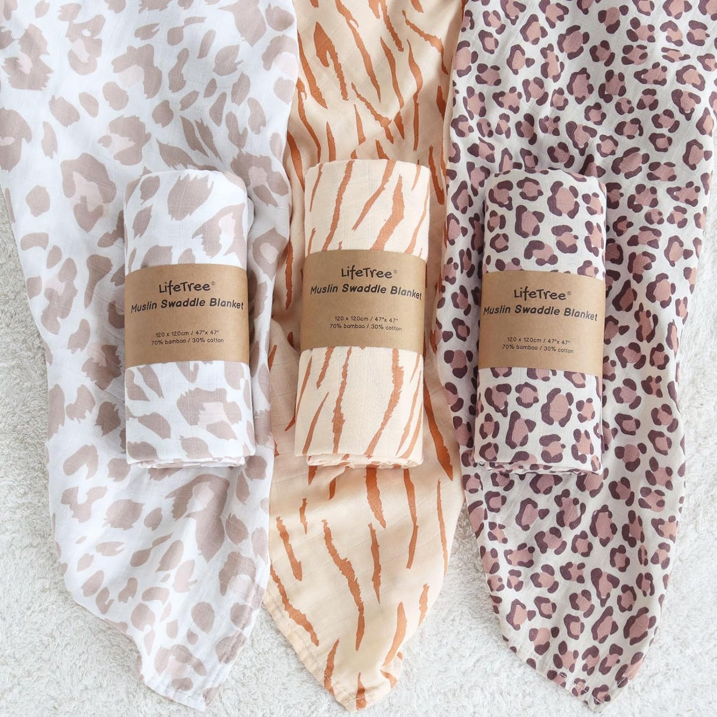 LifeTree 3 Pack Muslin Swaddle Blankets - Soft Viscose from Bamboo Cotton Baby Swaddle Blankets Unisex for Boys & Girls Newborn - Earthy Color Collection, Lightweight, Breathable, Large 47 x 47 inches