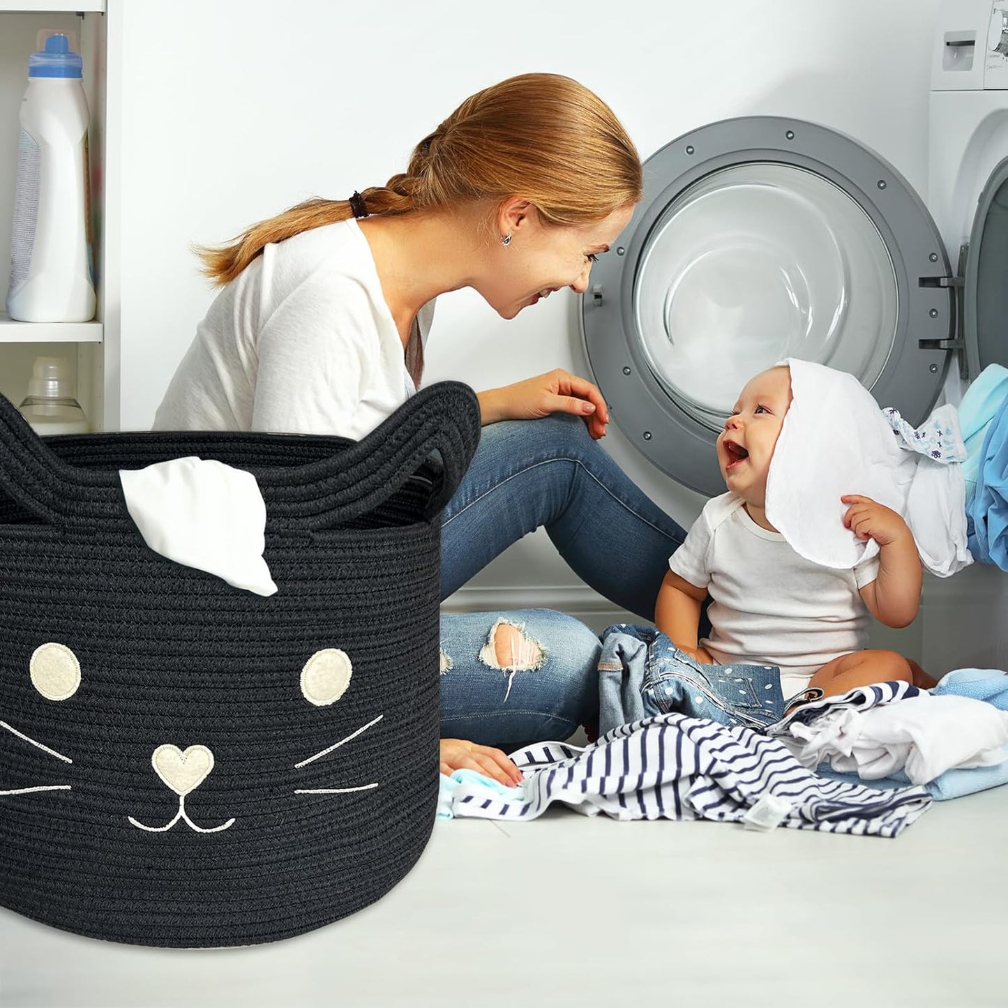 VK VK·LIVING Animal Baskets Large Woven Cotton Rope Storage Basket with Cute Cat Design Animal Laundry Basket Organizer for Towels, Blanket, Toys, Clothes, Gifts – Pet or Baby Gift Baskets 15"Lx14H"