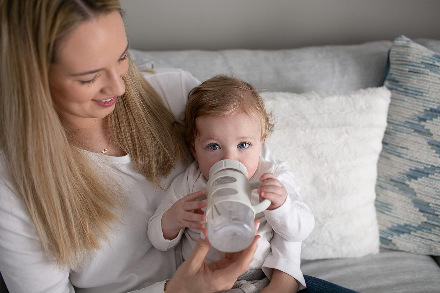 Dr. Brown's Milestones Wide-Neck Sippy Spout Bottle with 100% Silicone Handles, Easy-Grip Handles with Soft Sippy Spout, 9oz/270mL, Green & Gray, 2-Pack, 6m+