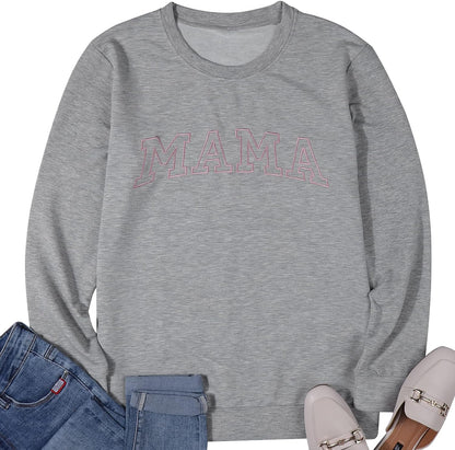 Womens Crewneck Sweatshirt Mama Letter Print Long Sleeve Loose Fashion Pullover Top