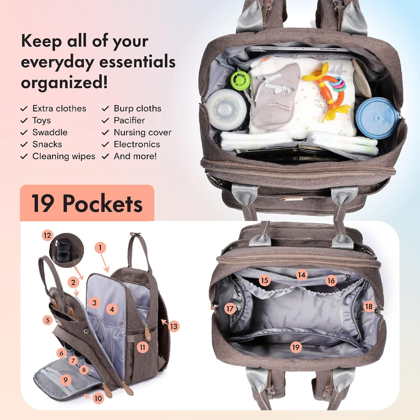 Dikaslon Diaper Bag Backpack with Portable Changing Pad, Pacifier Case and Stroller Straps, Large Unisex Baby Bags for Boys Girls, Multipurpose Travel Back Pack Moms Dads, Black