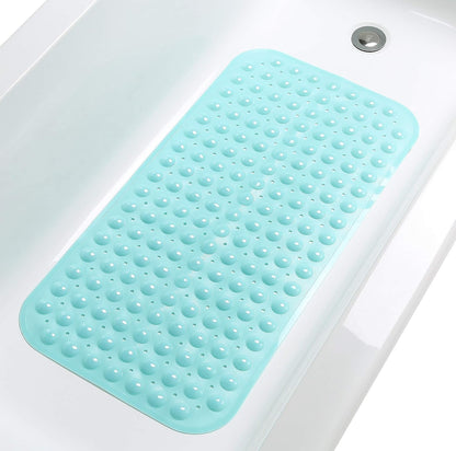 TIKE SMART Extra-Long Non-Slip Bathtub & Shower Mat 39”x16” (Smooth/Non-Textured Tubs Only) Safe, Clean, Machine-Washable, Superior Grip&Drainage, Vinyl, Opaque Aqua/Blue-Green