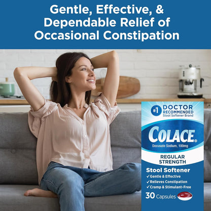 Colace Regular Strength Stool Softener 100 mg Capsules 60 Count Docusate Sodium Stool Softener for Gentle Dependable Relief