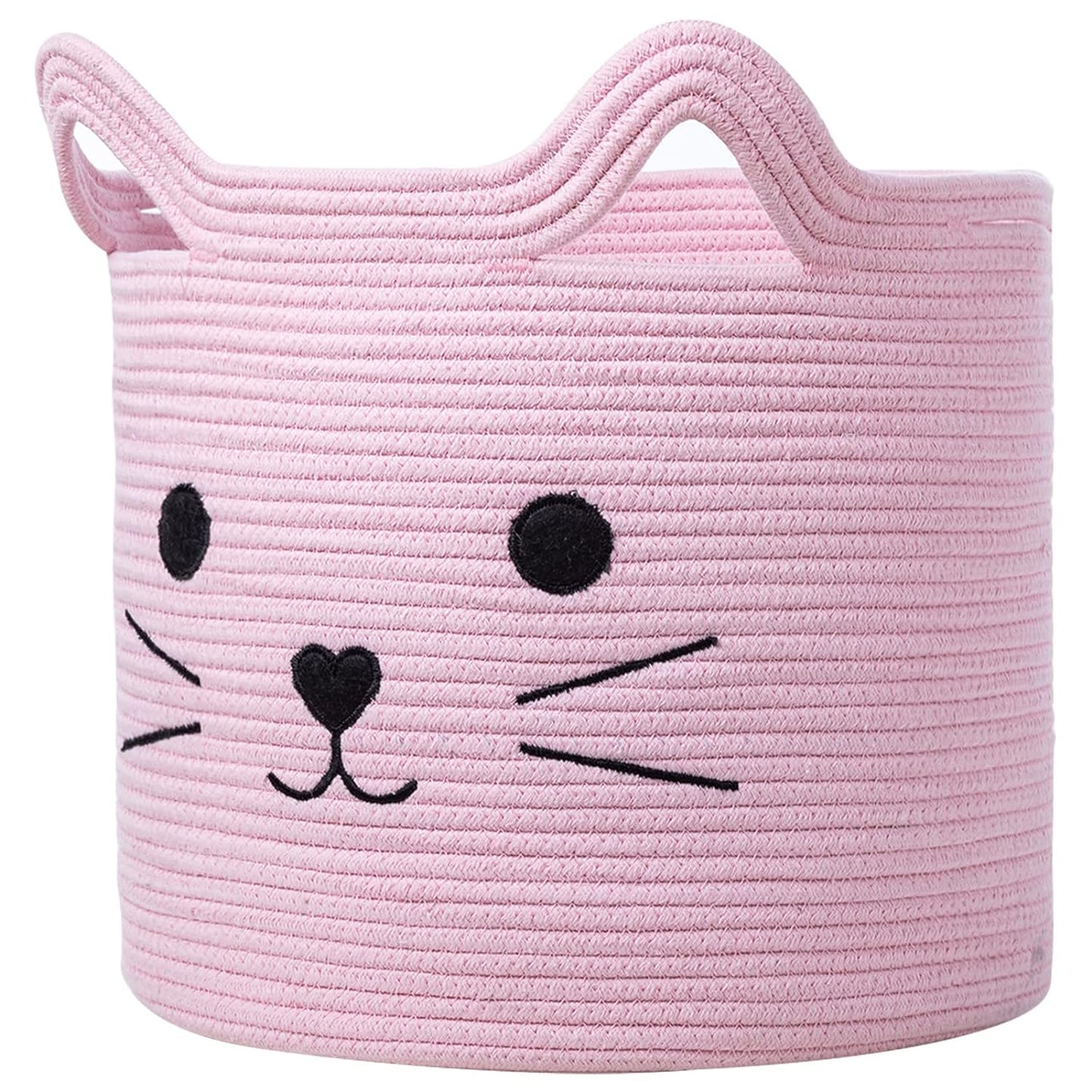 VK VK·LIVING Animal Baskets Large Woven Cotton Rope Storage Basket with Cute Cat Design Animal Laundry Basket Organizer for Towels, Blanket, Toys, Clothes, Gifts – Pet or Baby Gift Baskets 15"Lx14H"