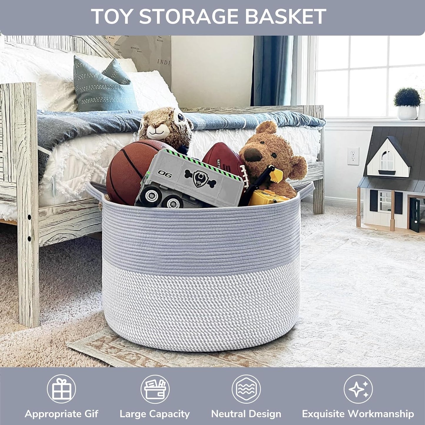 INDRESSME XXXLarge Cotton Rope Basket 21.7" x 21.7" x 13.8" Woven Baby Laundry Blanket Basket Toy Basket with Handle Storage Comforter Cushions Thread Laundry Hamper White & Brown