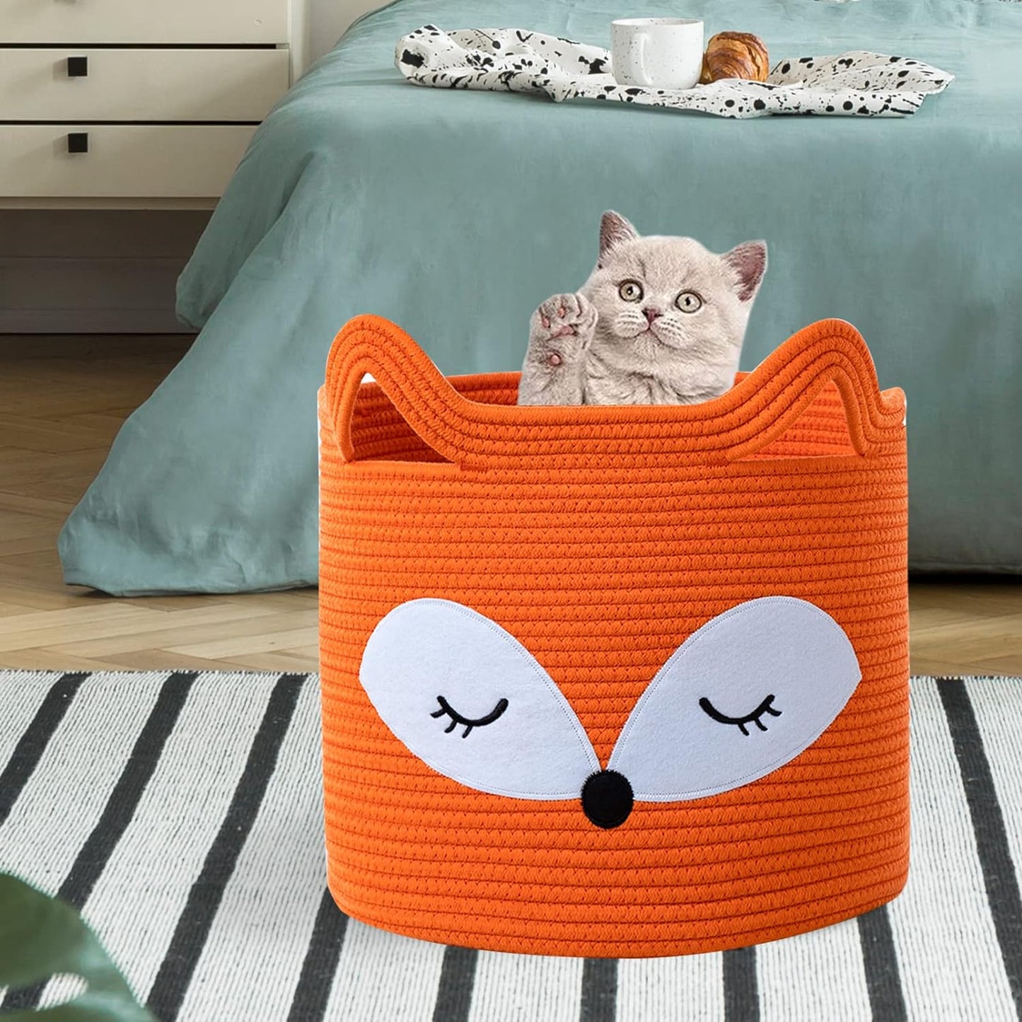 VK VK·LIVING Animal Baskets Large Woven Cotton Rope Storage Basket with Cute Cat Design Animal Laundry Basket Organizer for Towels, Blanket, Toys, Clothes, Gifts – Pet or Baby Gift Baskets 15"Lx14H"