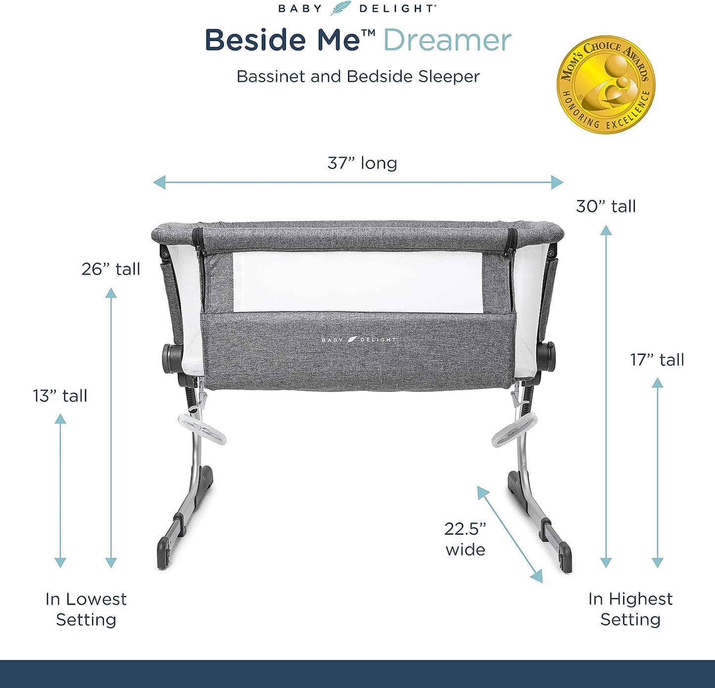 Baby Delight Beside Me Dreamer Bassinet | Bedside Sleeper | 6-Position Height Adjustment | Charcoal Tweed