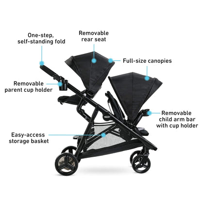 Graco Ready2Grow LX 2.0 Double Stroller Features Bench Seat and Standing Platform Options, Clark