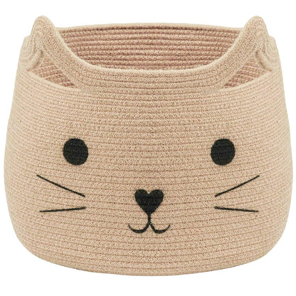 VK VK·LIVING Animal Baskets Large Woven Cotton Rope Storage Basket with Cute Cat Design Animal Laundry Basket Organizer for Towels, Blanket, Toys, Clothes, Gifts – Pet or Baby Gift Baskets 15"Lx14H"