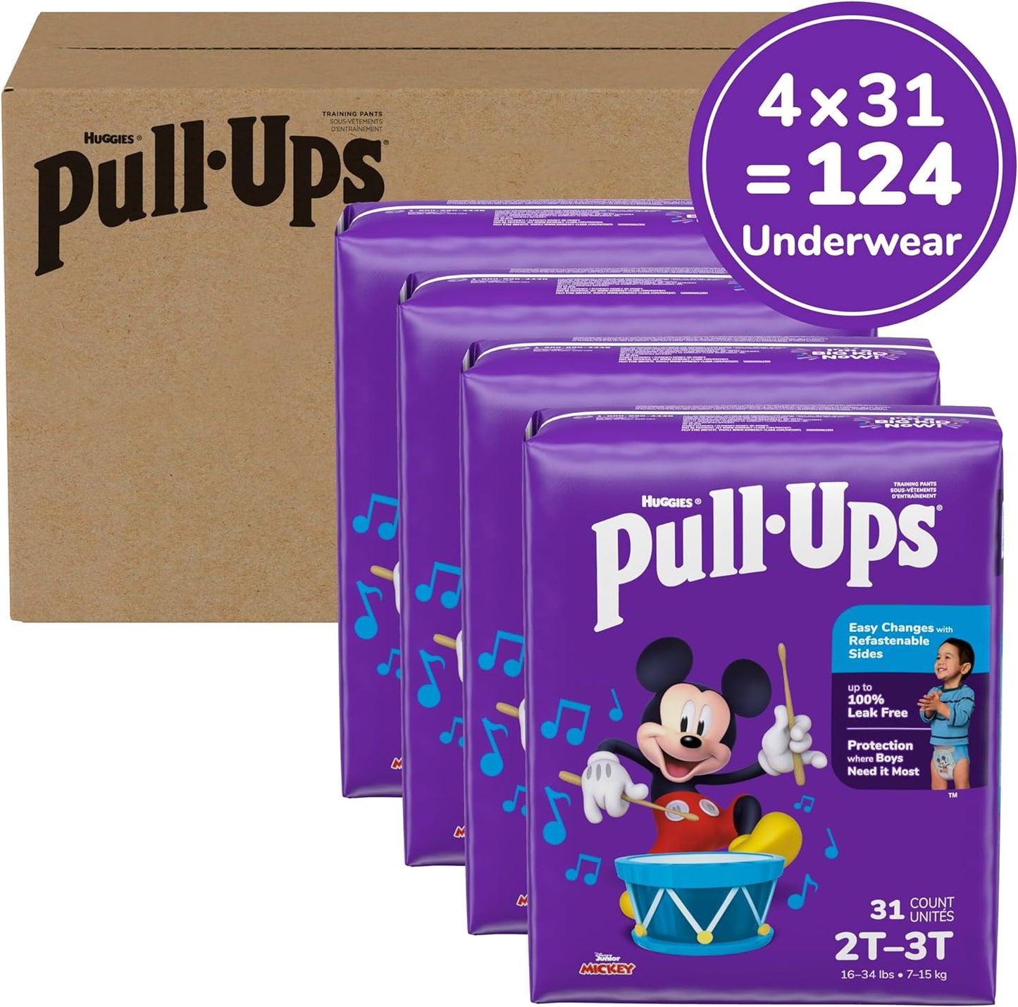 Pull-Ups Boys' Potty Training Pants, 2T-3T (16-34 lbs), 124 Count (4 Packs of 31), Packaging May Vary