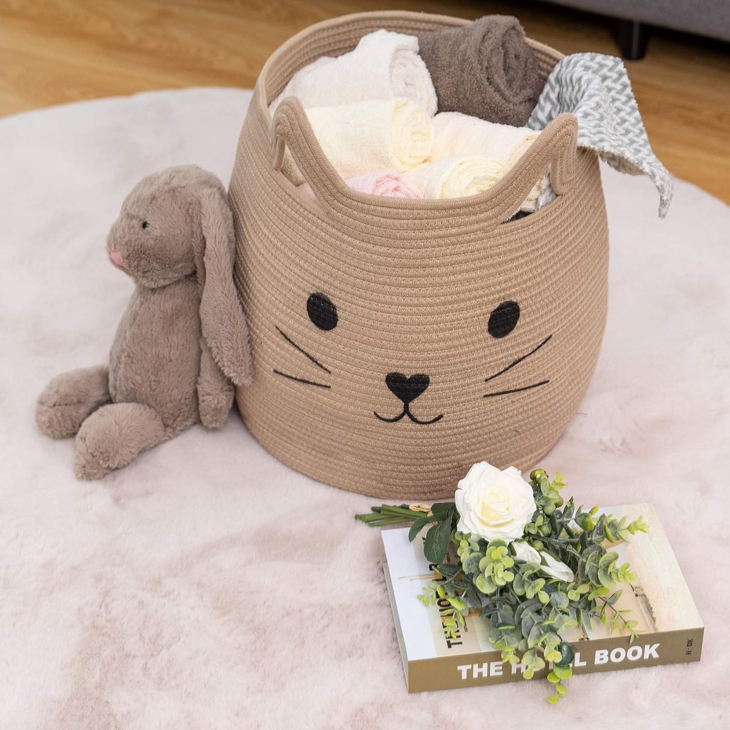 VK VK·LIVING Animal Baskets Large Woven Cotton Rope Storage Basket with Cute Cat Design Animal Laundry Basket Organizer for Towels, Blanket, Toys, Clothes, Gifts – Pet or Baby Gift Baskets 15"Lx14H"