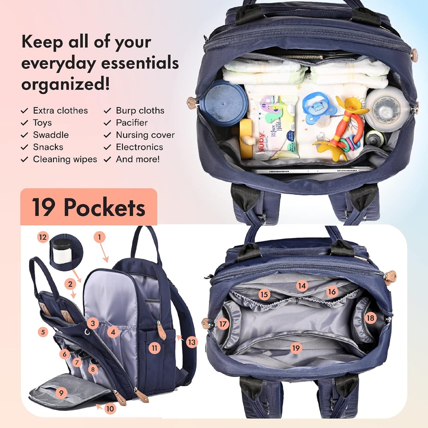 Dikaslon Diaper Bag Backpack with Portable Changing Pad, Pacifier Case and Stroller Straps, Large Unisex Baby Bags for Boys Girls, Multipurpose Travel Back Pack Moms Dads, Black