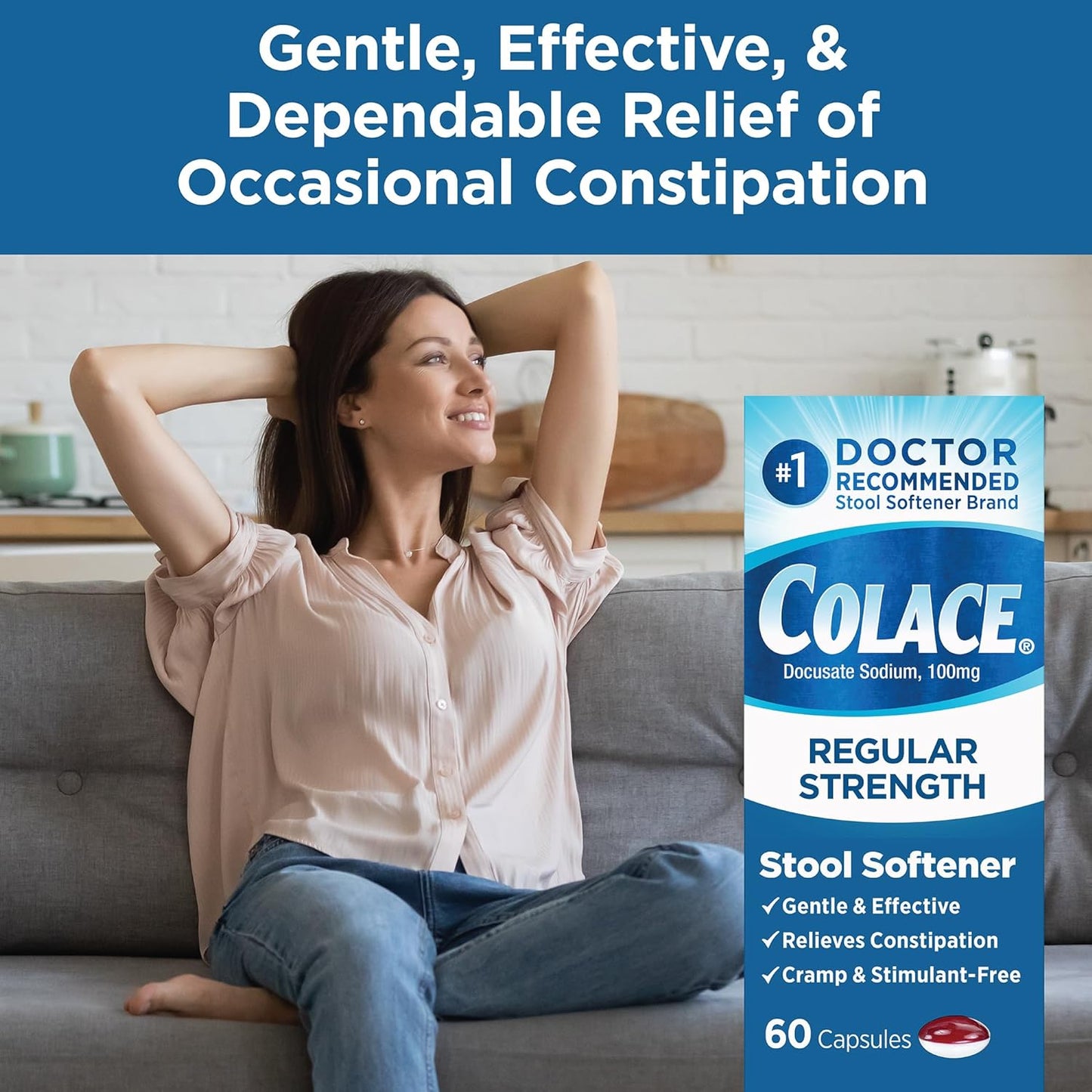 Colace Regular Strength Stool Softener 100 mg Capsules 60 Count Docusate Sodium Stool Softener for Gentle Dependable Relief