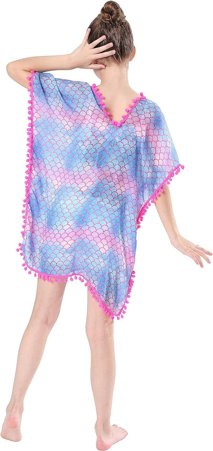 MissShorthair Girls Swim Cover Up Beach Swimwear Coverup Swimsuit Wraps with Pom Pom Trim