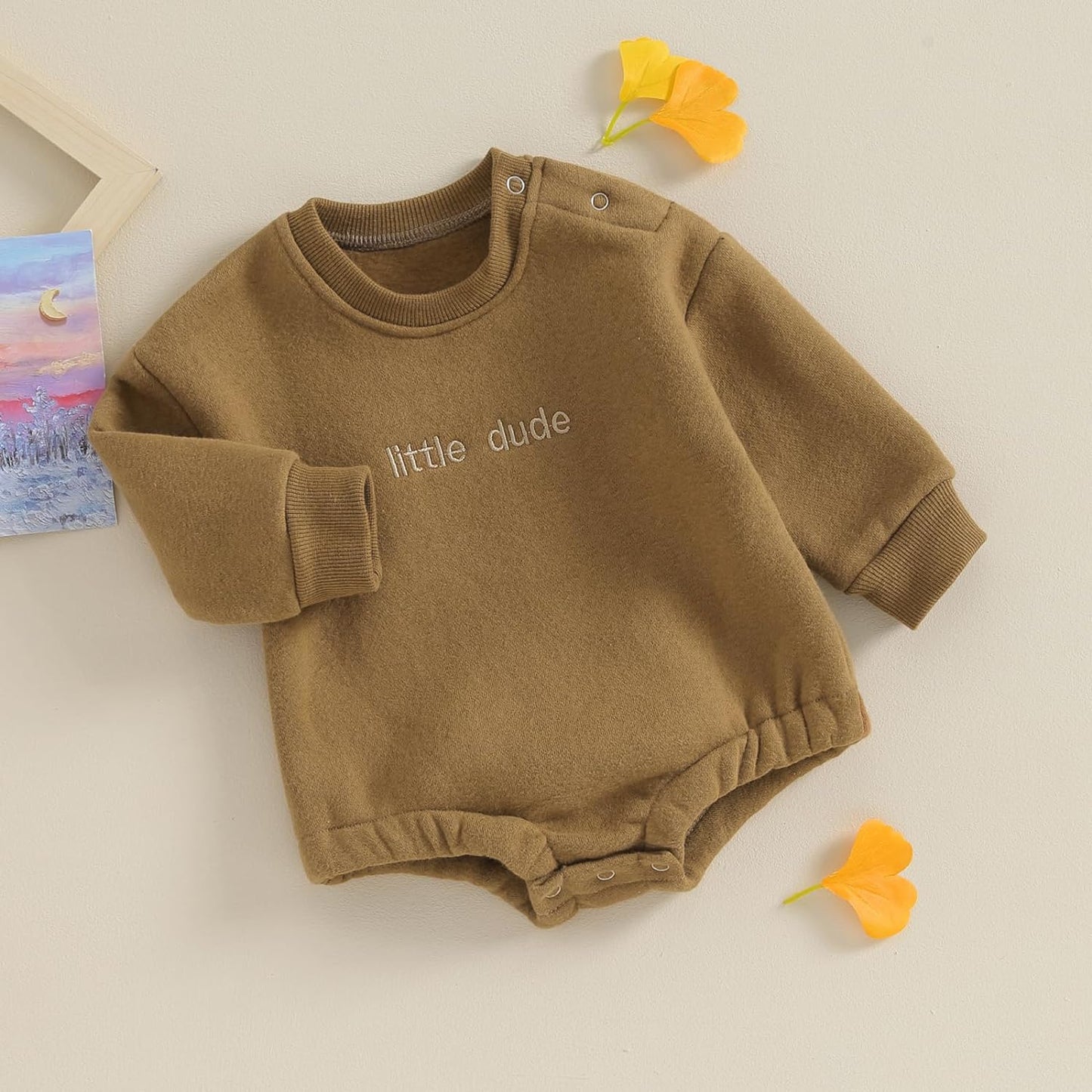 VISGOGO Baby Boy Girls Oversized Sweatshirt Romper Long Sleeve Little Dude Sweater Onesie Top Embroidery Clothes