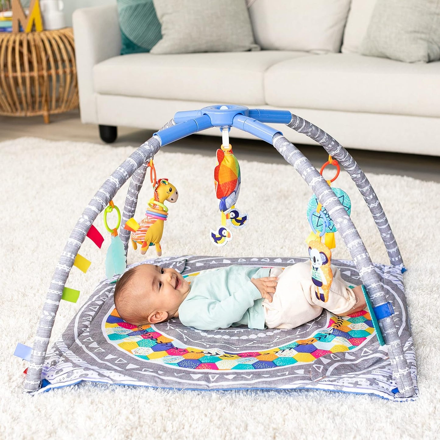 Infantino 4-in-1 Deluxe Twist & Fold Activity Gym & Play Mat, Tropical - Includes linkable Toys, Musical Monkey, Mirror and Bolster Pillow, for Newborns, Babies and Toddlers