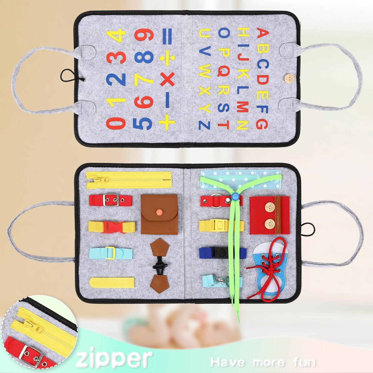 Busy Board for Toddlers 1-6, Montessori Sensory Toy for Develop Basic Skills, Dress and Alphabet Spell Cognition Latch Buckle Learning Games, Great Airplane and Carseat Travel Gift for Boys and Girls