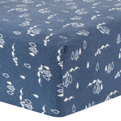 Mountains Fitted Crib Sheet- 100% Cotton; Navy, White; Fully Elasticized; 10-Inch Pockets; Fits Standard Crib Mattress;