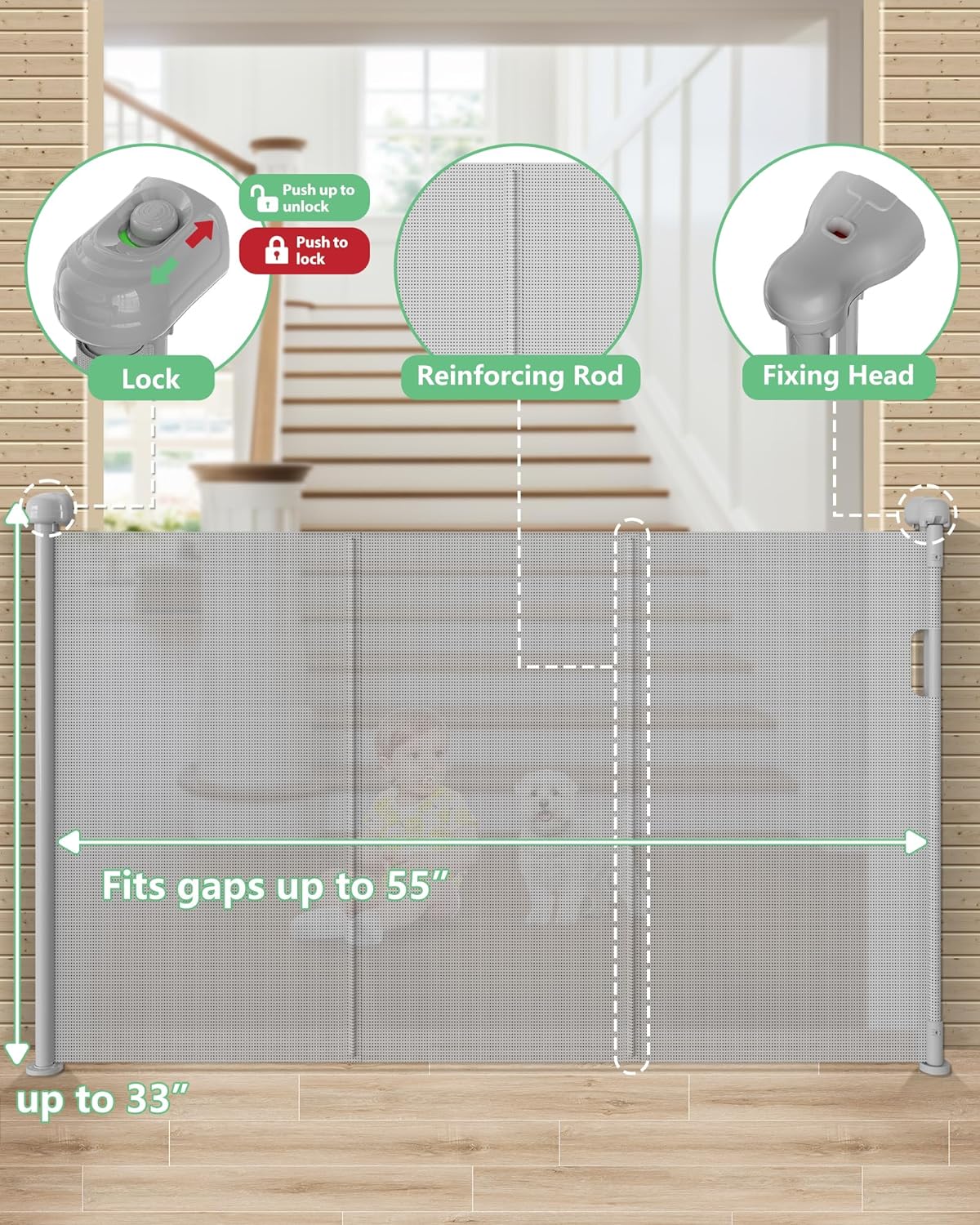 Likzest Retractable Baby Gate, Mesh Baby and Pet Gate 33" Tall, Extends up to 55" Wide, Child Safety Baby Gates for Stairs Doorways Hallways, Dog Gate Cat Gate for Indoor and Outdoor (Black)