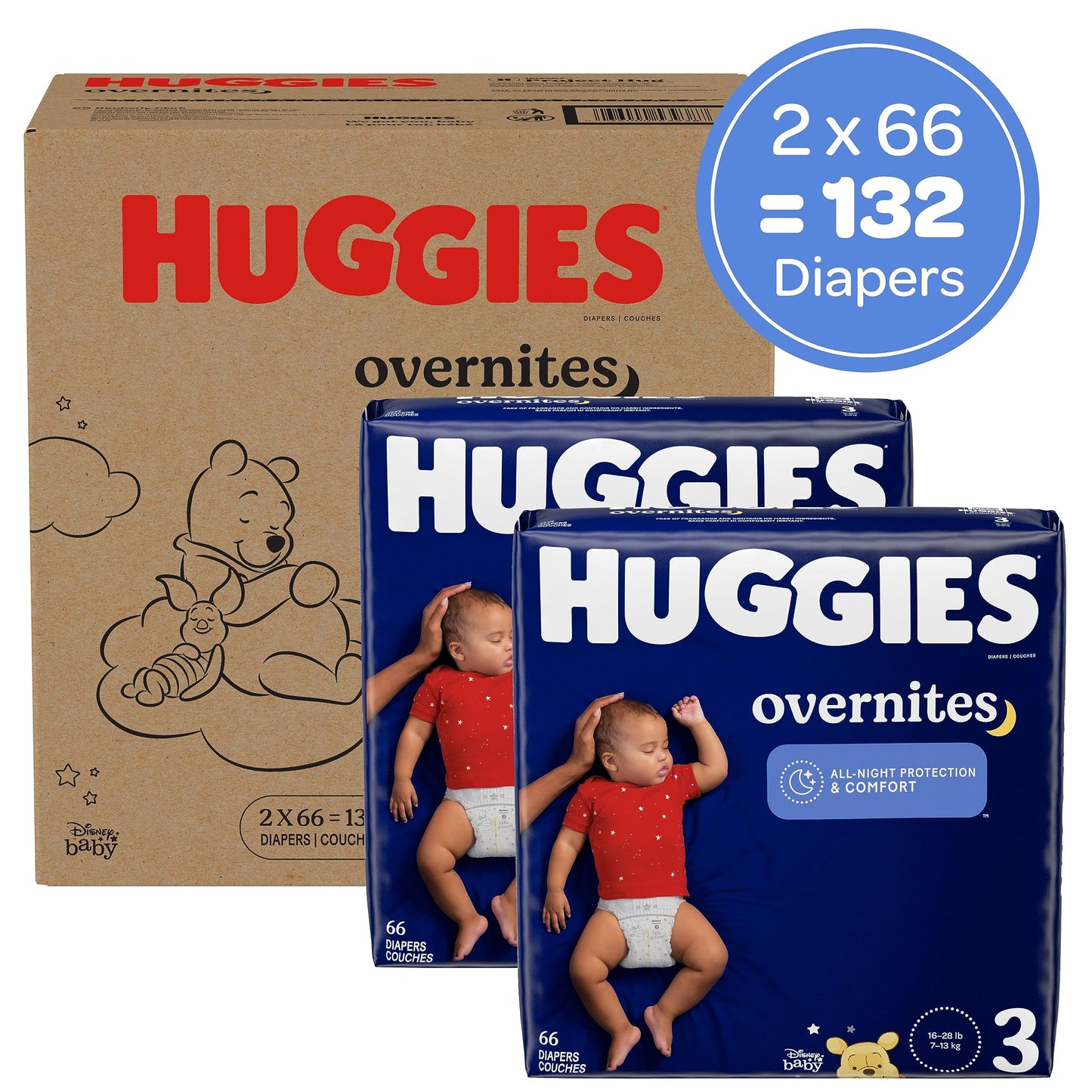 Huggies Overnites Size 3 Overnight Diapers (16-28 lbs), 132 Ct (2 Packs of 66), Packaging May Vary