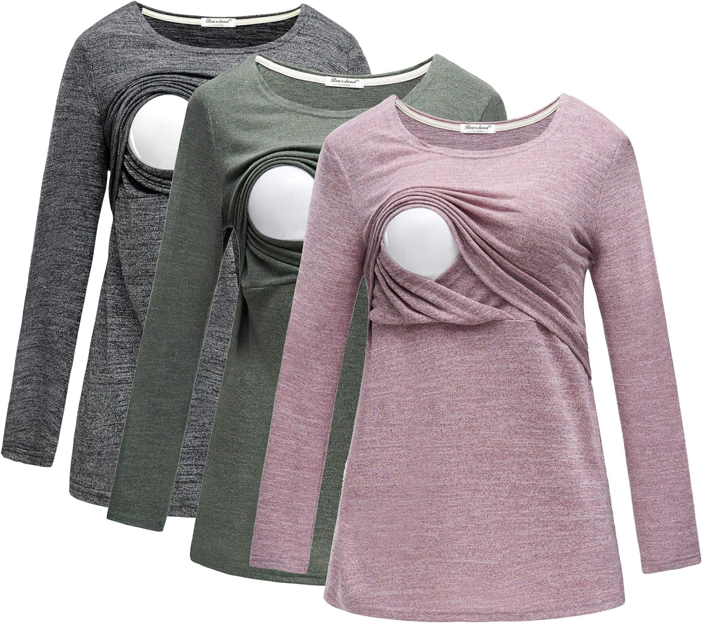 Bearsland Women's 3 Packs Maternity Clothes Long Sleeves Breastfeeding Shirts Nursing Top