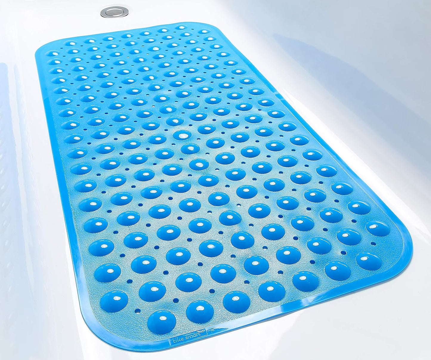 TIKE SMART Extra-Long Non-Slip Bathtub & Shower Mat 39”x16” (Smooth/Non-Textured Tubs Only) Safe, Clean, Machine-Washable, Superior Grip&Drainage, Vinyl, Opaque Aqua/Blue-Green