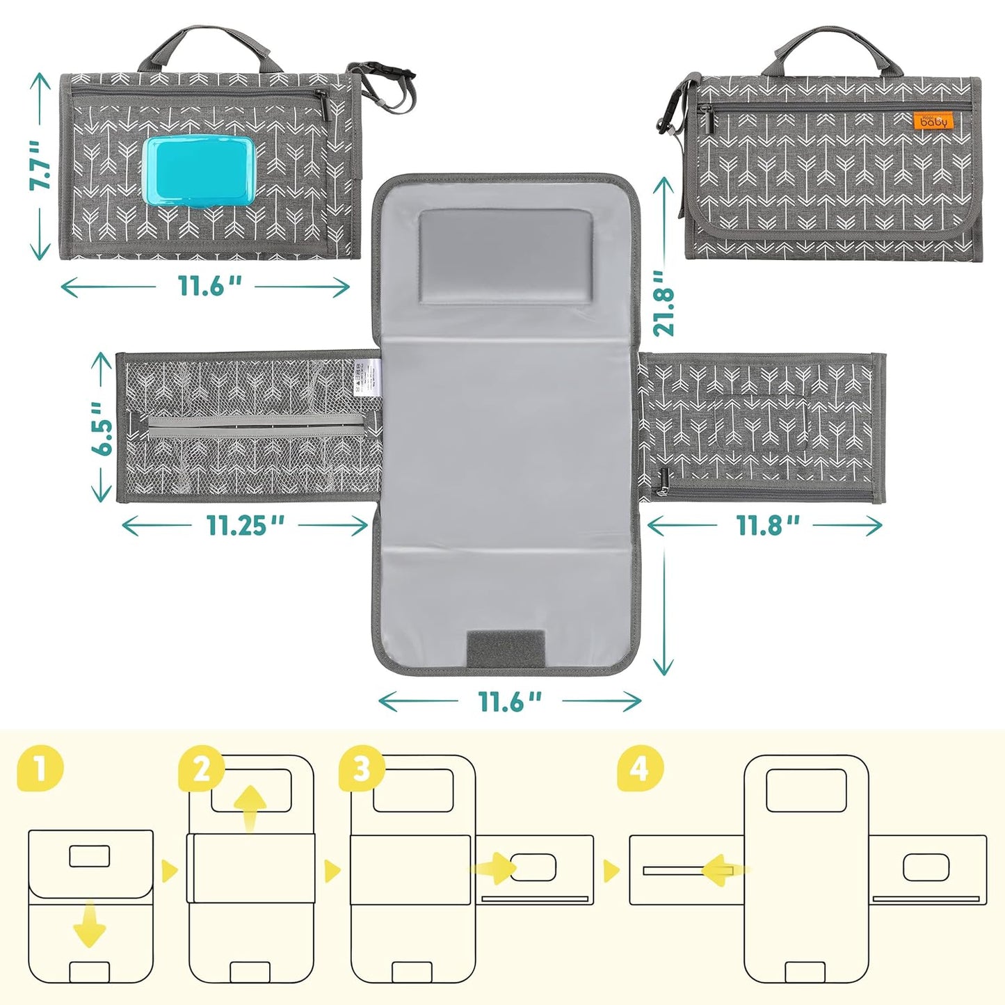 Kopi Baby Portable Diaper Changing Pad - Baby Changing Pad & Diaper Changer Travel Bag, Smart Design Baby Changing Mat, Portable Changing Pad for Baby - Baby Changing Station, Infant Gift - Grey