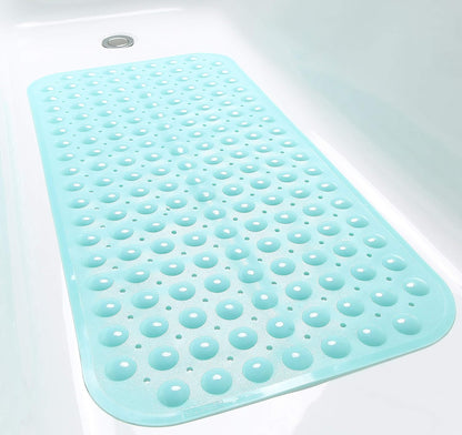 TIKE SMART Extra-Long Non-Slip Bathtub & Shower Mat 39”x16” (Smooth/Non-Textured Tubs Only) Safe, Clean, Machine-Washable, Superior Grip&Drainage, Vinyl, Opaque Aqua/Blue-Green