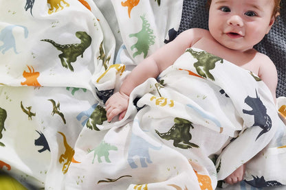 Aenne Baby Muslin Baby Swaddle Blanket Dinosaur Dino Print, Luxurious, Soft and Silky, 70% Bamboo 30% Cotton 47x47inch (1pack), Baby boy Nursing Cover, wrap, Burp Cloth