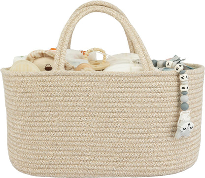 Baby Diaper Caddy Organizer for Girl Boy Cotton Rope Nursery Storage Bin Basket Portable Holder Tote Bag for Changing Table Car Travel Baby Shower Gifts Newborn Registry Must Have Items oatmeal