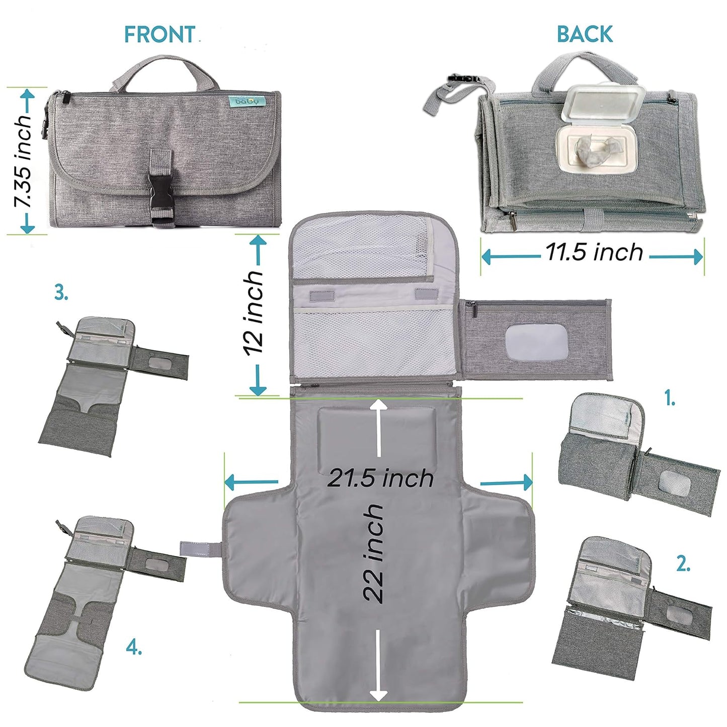 Kopi Baby Portable Diaper Changing Pad - Baby Changing Pad & Diaper Changer Travel Bag, Smart Design Baby Changing Mat, Portable Changing Pad for Baby - Baby Changing Station, Infant Gift - Grey