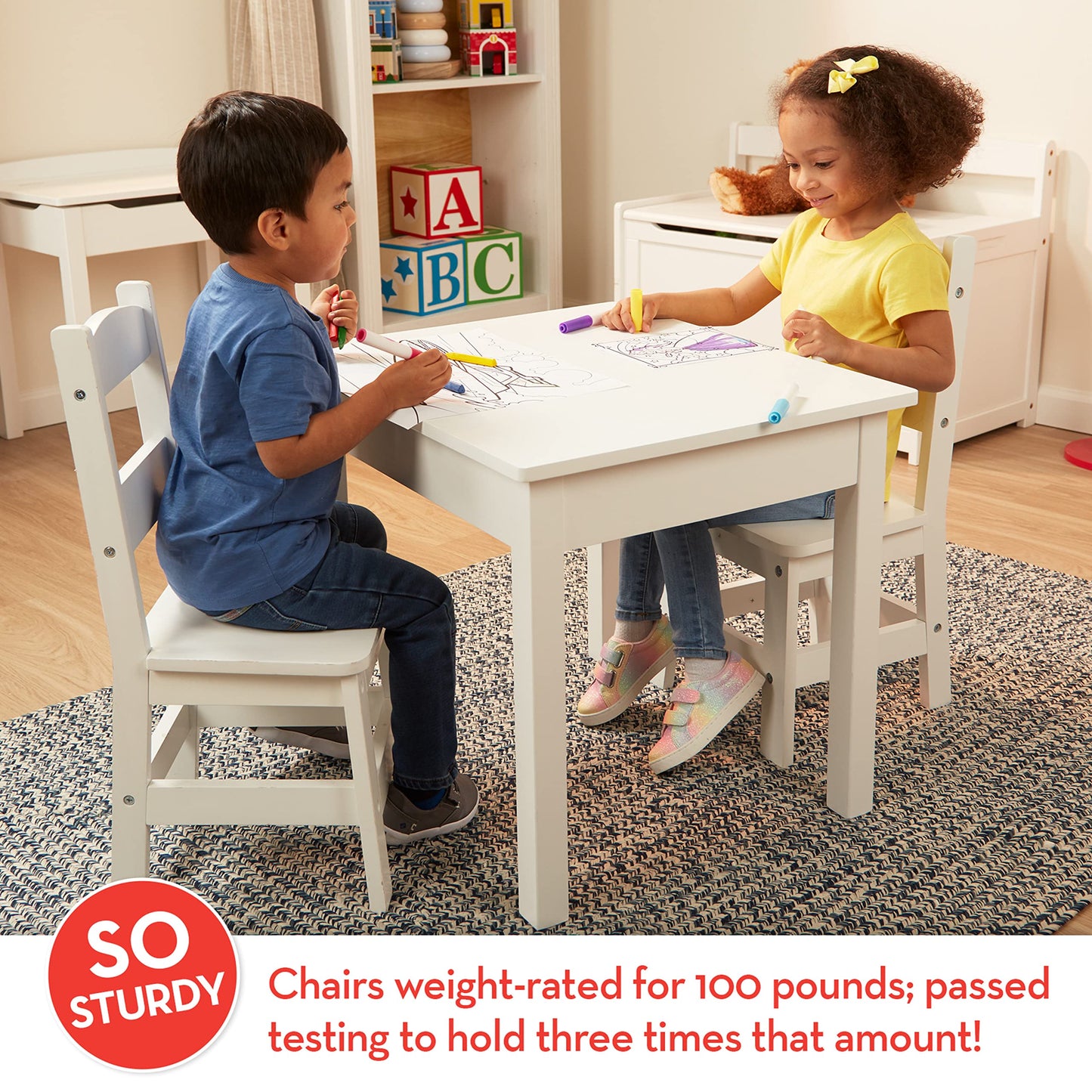 Melissa & Doug Solid Wood Table and 2 Chairs Set - Light Finish Furniture for Playroom,Blonde